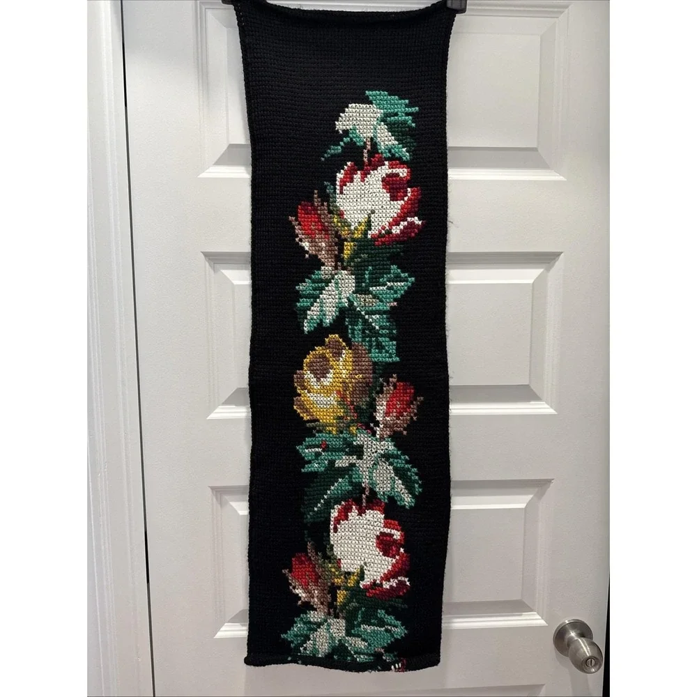 VTG Scandinavian Embroidered Cross Stitch Knit Bell Pull Wall Hanging Floral 40
